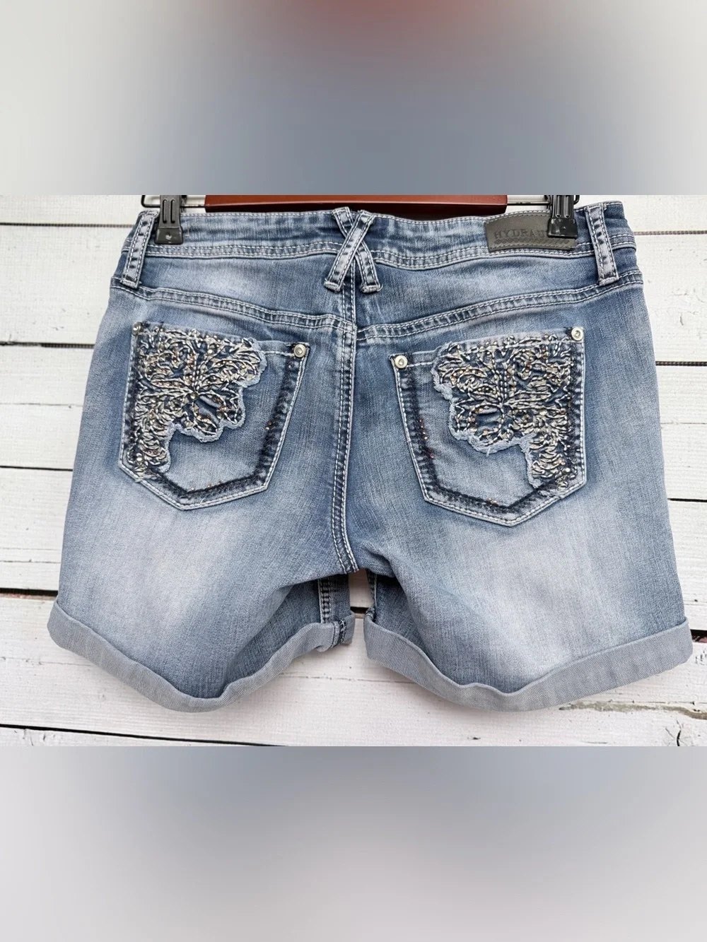 Hydraulic Denim Rolled Cuff Jean Shorts - Size 9/10